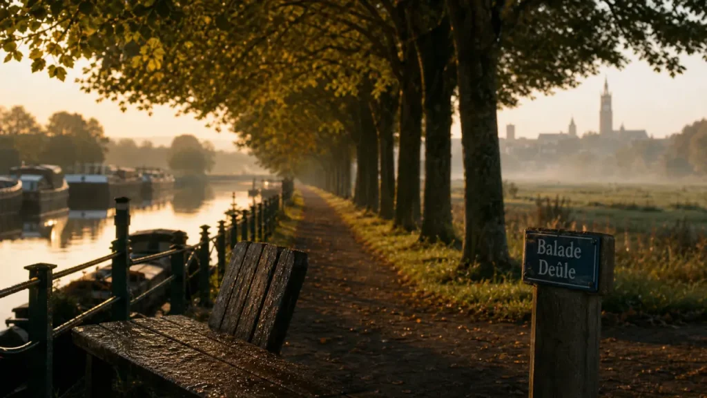 Balade autour de Lille sur la Deûle : chemin de halage au golden hour avec reflets