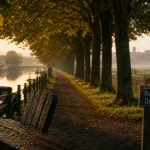 Balade autour de Lille sur la Deûle : chemin de halage au golden hour avec reflets