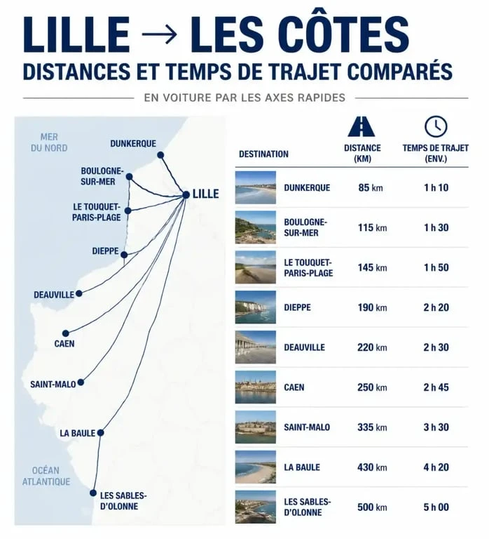 Comparatif des distances et temps de trajet des plages proches de Lille