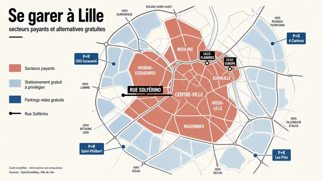 ou se garer a lille gratuitement : carte des zones gratuites, payantes et parkings relais