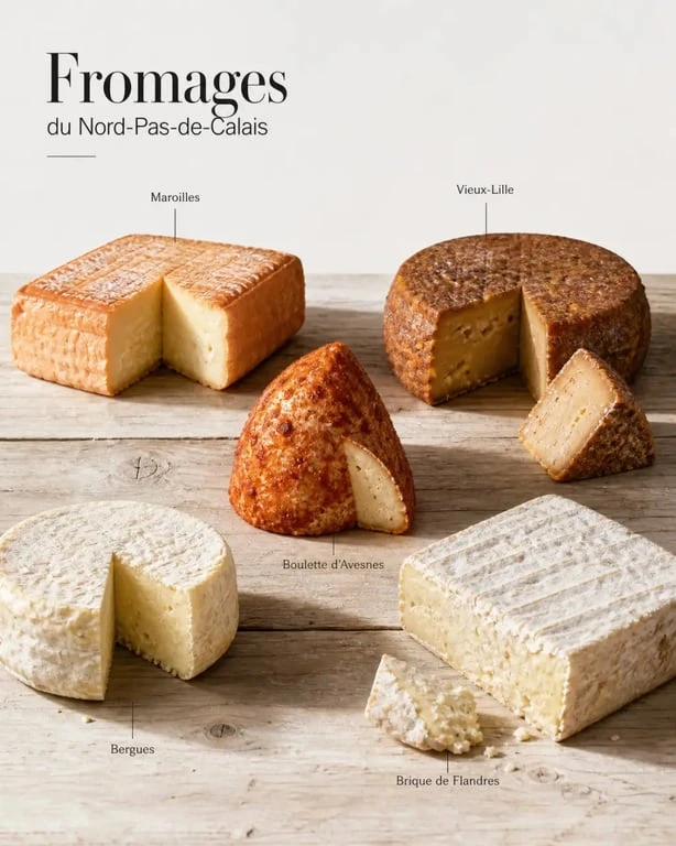 Fromages du Nord-Pas-de-Calais sur une table rustique avec Maroilles, Vieux-Lille et Boulette d’Avesnes