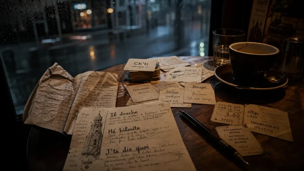 Expressions ch ti à Lille : drache, biloute, boubourse sur une table de café