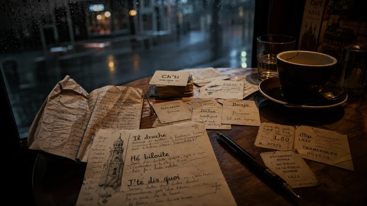 Expressions ch ti à Lille : drache, biloute, boubourse sur une table de café