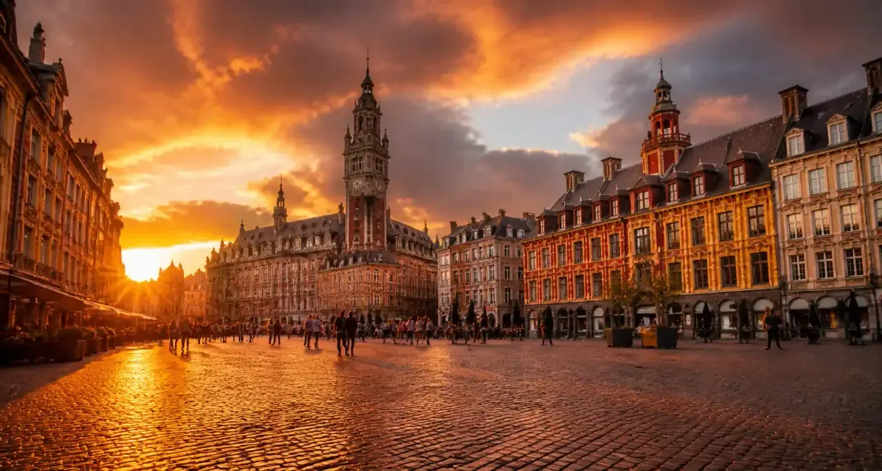 Grand Place de Lille au coucher du soleil, façades baroques flamandes