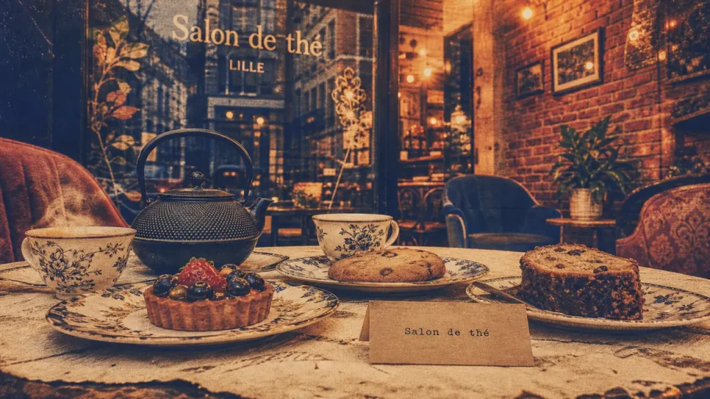 Salon de thé à Lille, table avec pâtisseries maison et thé fumant