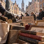 Braderie lille 2027 : mains gantées triant des objets au Vieux-Lille