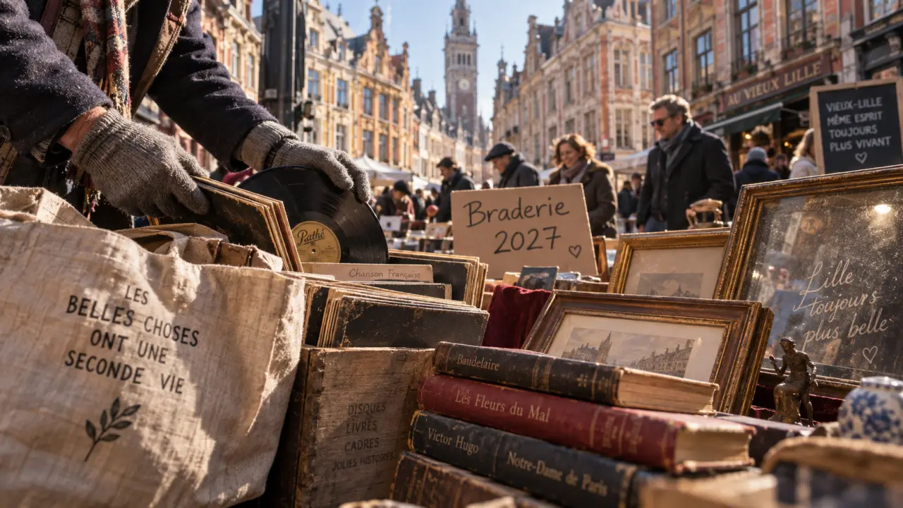 Braderie lille 2027 : mains gantées triant des objets au Vieux-Lille