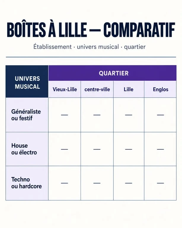 Infographie comparative des boîtes à Lille par ambiance musicale et quartier