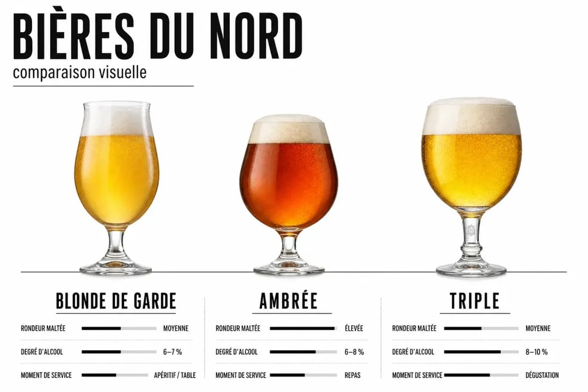 Bières du Nord : comparaison visuelle des styles blonde de garde, ambrée et triple