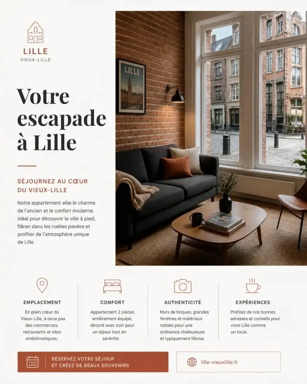 Appartement Lille week end : intérieur cosy avec vue sur les rues pavées