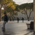 Place des artisans Lille : parvis arboré, bancs et piétons