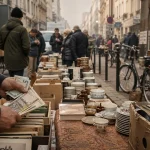 Réderie à Amiens : trottoir avec stands et livres