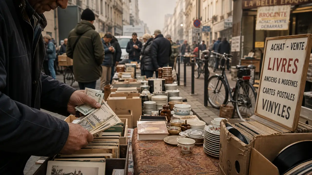 Réderie à Amiens : trottoir avec stands et livres