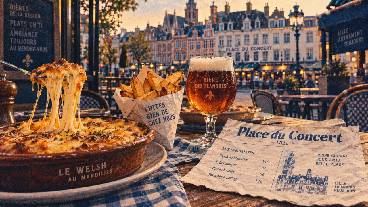 Table n9uf restaurant vieux lille : welsh au Maroilles et frites maison