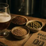 Visiter brasserie Lille : verre de dégustation bière ambrée et malt sur table