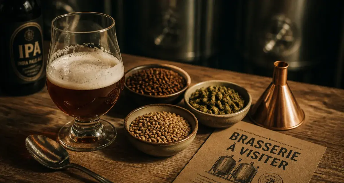 Visiter brasserie Lille : verre de dégustation bière ambrée et malt sur table