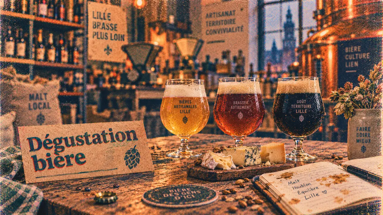 Atelier dégustation bière Lille : verres en table, intérieur d’atelier