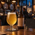 Bière artisanale Lille : verre tulipe et bouteille artisanale sur table