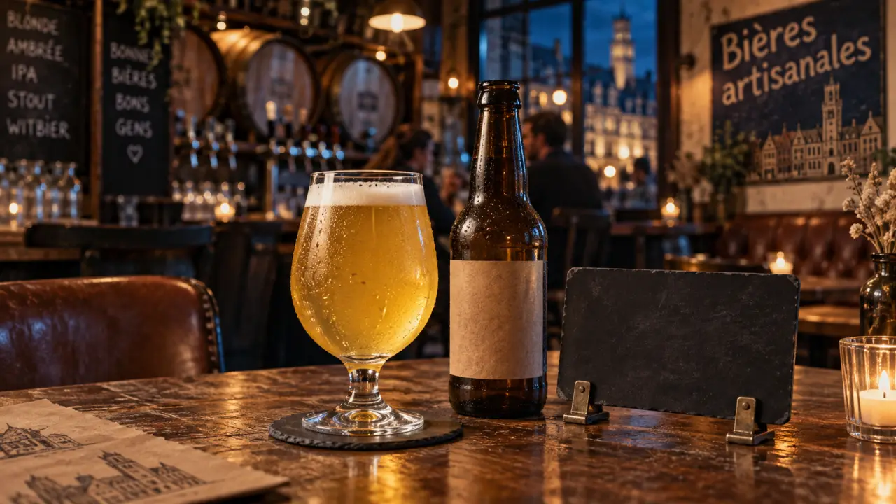 Bière artisanale Lille : verre tulipe et bouteille artisanale sur table