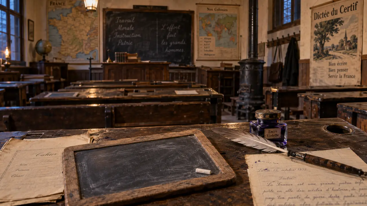 Musée des écoles de Lille : classe des années 1930-1960 avec pupitre et encrier